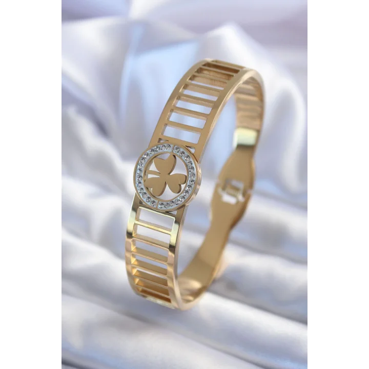 Mey İthalat® 316L Çelik Gold Renk Zirkon Taşlı Yonca Model Kadın Kelepçe