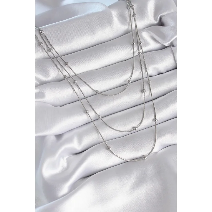 Mey İthalat® 316L Çelik Gümüş Renk 3lü Topçuk Detay Kadın Kolye