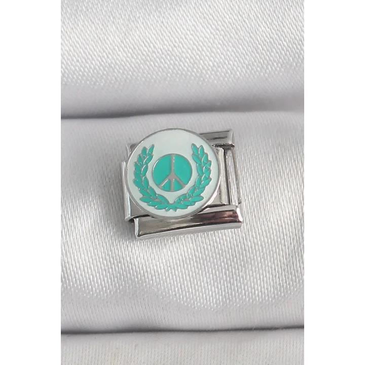 Mey İthalat® 316L Çelik Gümüş Renk Beyaz Mavi Barış İşareti İşlemeli Nomination Charm