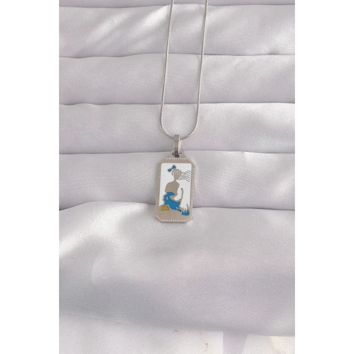 Mey İthalat® 316L Çelik Gümüş Renk Beyaz Mineli Kız Figür Tarot Kolye