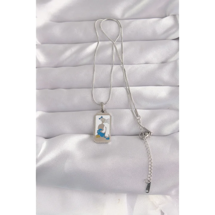 Mey İthalat® 316L Çelik Gümüş Renk Beyaz Mineli Kız Figür Tarot Kolye