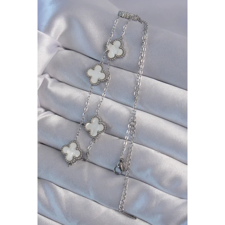 Mey İthalat® 316L Çelik Gümüş Renk Beyaz Sedefli Yonca Kolye