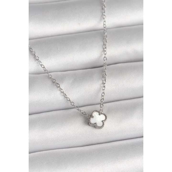 Mey İthalat® 316L Çelik Gümüş Renk Beyaz Yonca Model Kadın Kolye