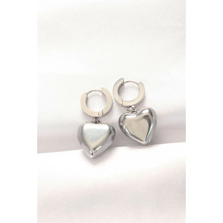 Mey İthalat® 316L Çelik Gümüş Renk Bombeli Kalp Tasarımlı Küpe