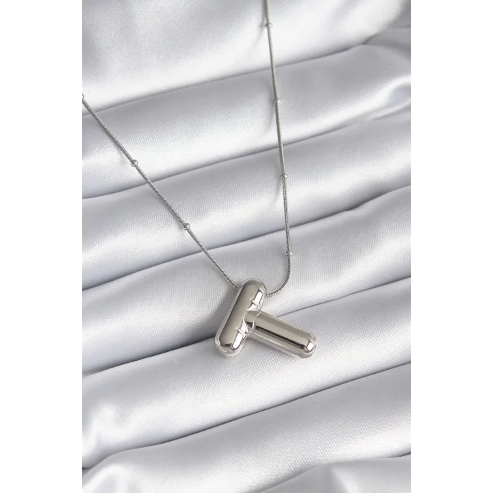Mey İthalat® 316L Çelik Gümüş Renk Bubble T Harf Model Kadın Kolye