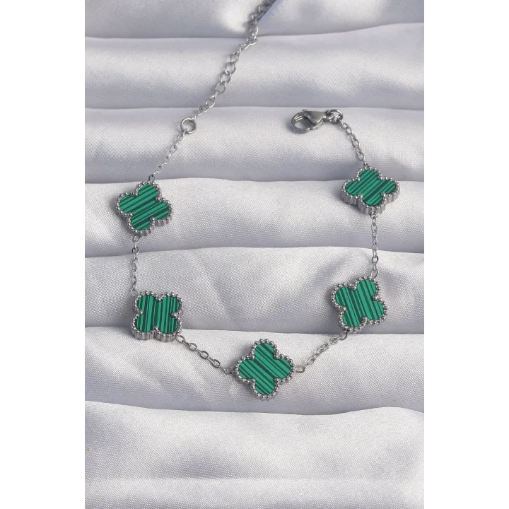 Mey İthalat® 316L Çelik Gümüş Renk Çizgili Yeşil Mineli Yonca Bileklik