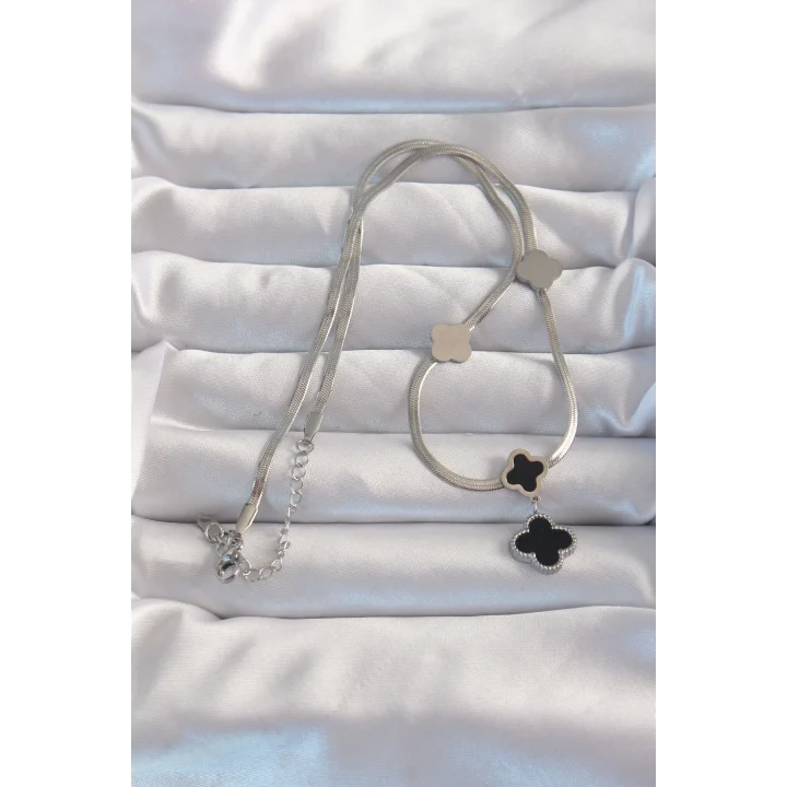 Mey İthalat® 316L Çelik Gümüş Renk İtalyan Zincirli Mineli Yonca Kolye