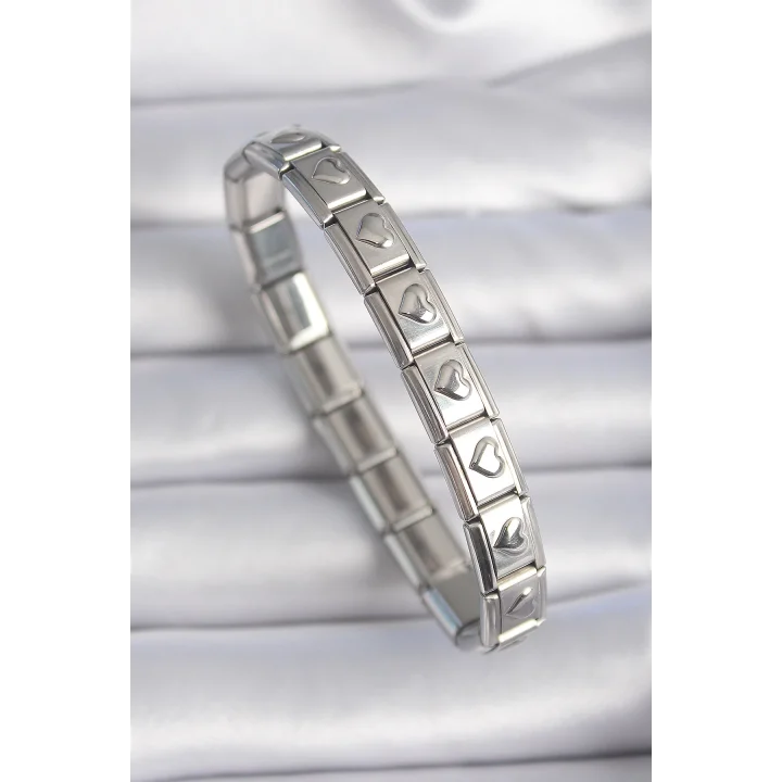 Mey İthalat® 316L Çelik Gümüş Renk Kalp İşleme Nomination Charm Bileklik