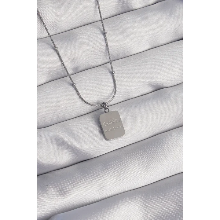 Mey İthalat® 316L Çelik Gümüş Renk Kare Charm Model Kolye