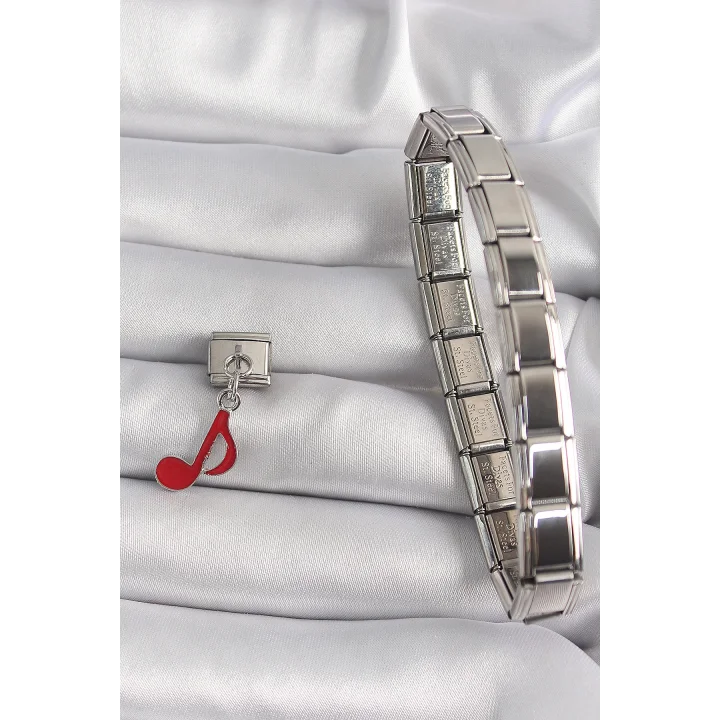 Mey İthalat® 316L Çelik Gümüş Renk Kırmızı Nota Model Nomination Charm