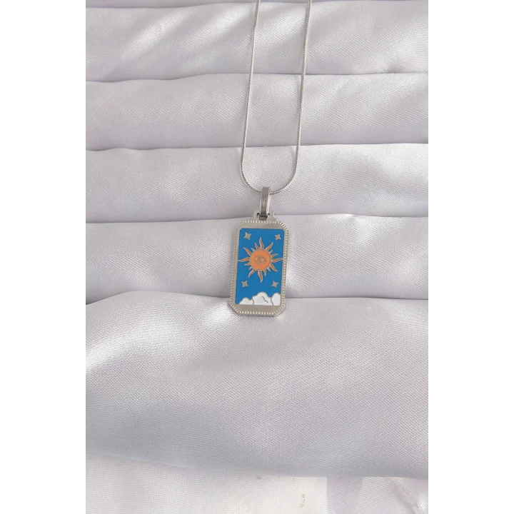 Mey İthalat® 316L Çelik Gümüş Renk Mavi Mineli Güneş Model Tarot Kolye