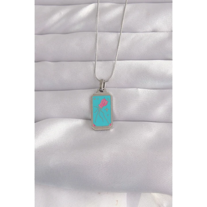 Mey İthalat® 316L Çelik Gümüş Renk Mavi Mineli Tarot Kolye