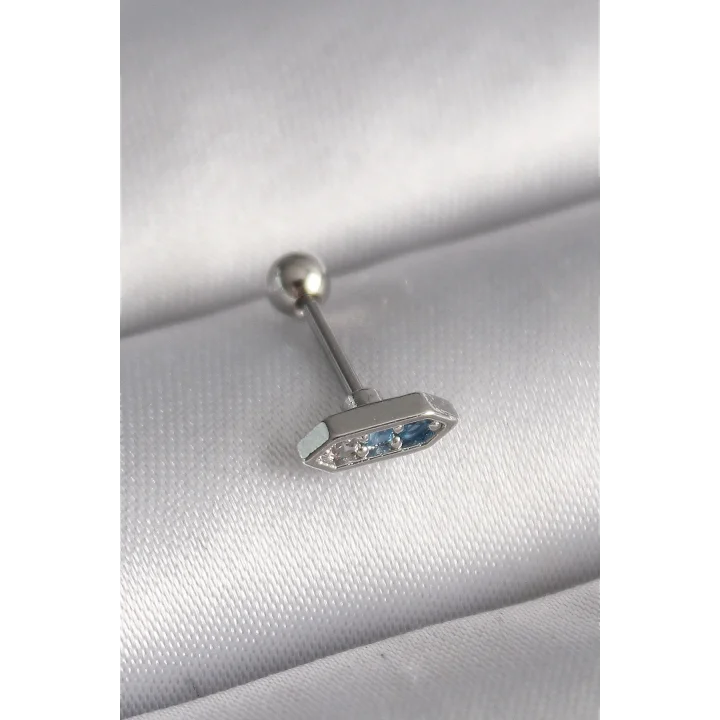 Mey İthalat® 316L Çelik Gümüş Renk Mavi Zirkon Taşlı Tragus Piercing