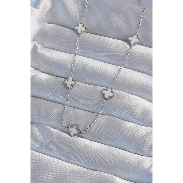 Mey İthalat® 316L Çelik Gümüş Renk Minimal Beyaz Sedefli Yonca Kolye