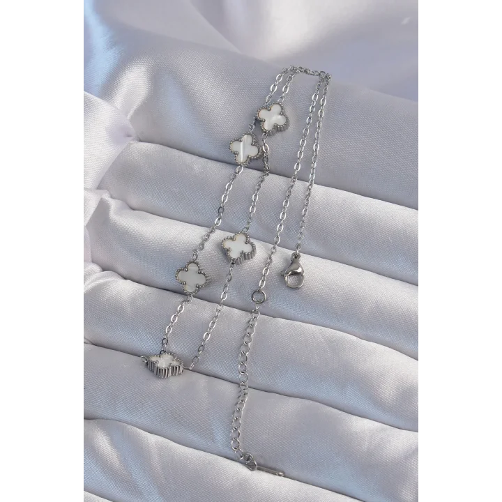 Mey İthalat® 316L Çelik Gümüş Renk Minimal Beyaz Sedefli Yonca Kolye