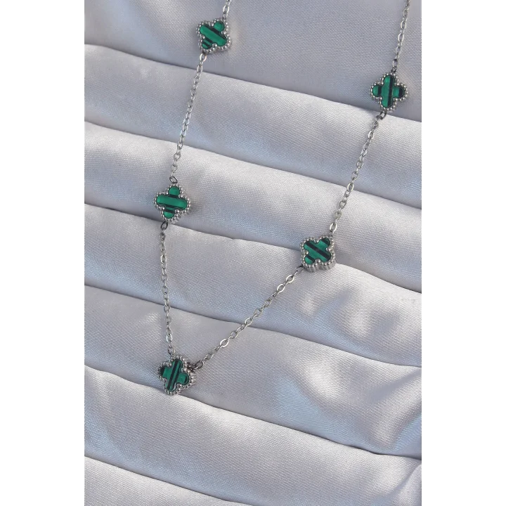 Mey İthalat® 316L Çelik Gümüş Renk Minimal Yeşil Mineli Yonca Kolye