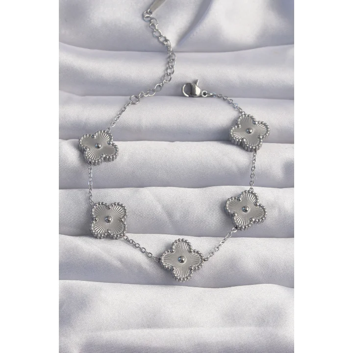 Mey İthalat® 316L Çelik Gümüş Renk Motifli Yonca Bileklik