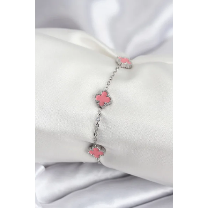 Mey İthalat® 316L Çelik Gümüş Renk Pembe Baby Boy Yonca Kadın Bileklik