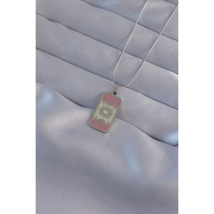 Mey İthalat® 316L Çelik Gümüş Renk Pembe Mineli Ay Figür Tarot Kolye