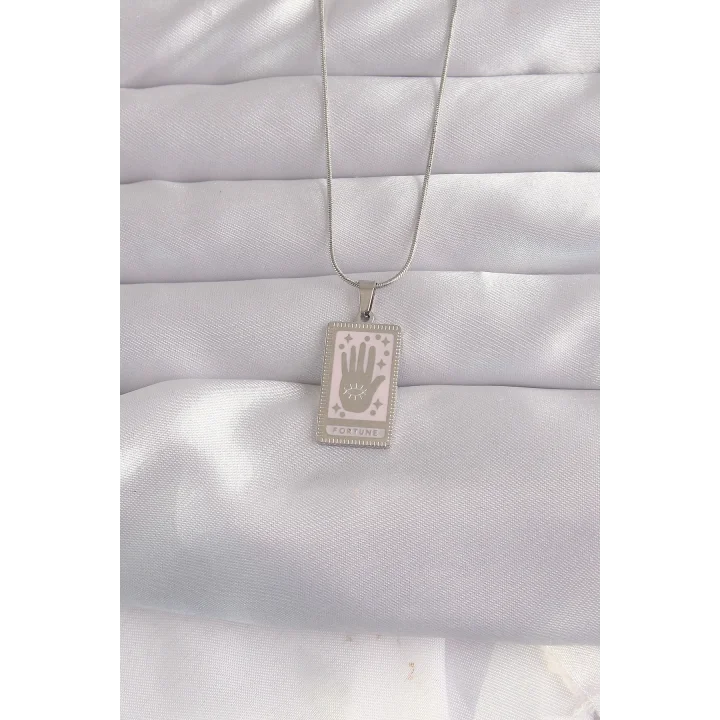 Mey İthalat® 316L Çelik Gümüş Renk Pembe Mineli El Figür Tarot Kolye