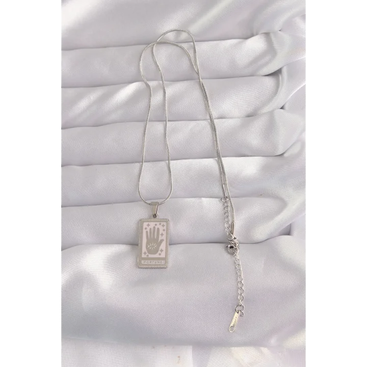 Mey İthalat® 316L Çelik Gümüş Renk Pembe Mineli El Figür Tarot Kolye