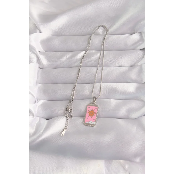 Mey İthalat® 316L Çelik Gümüş Renk Pembe Mineli Güneş Model Tarot Kolye