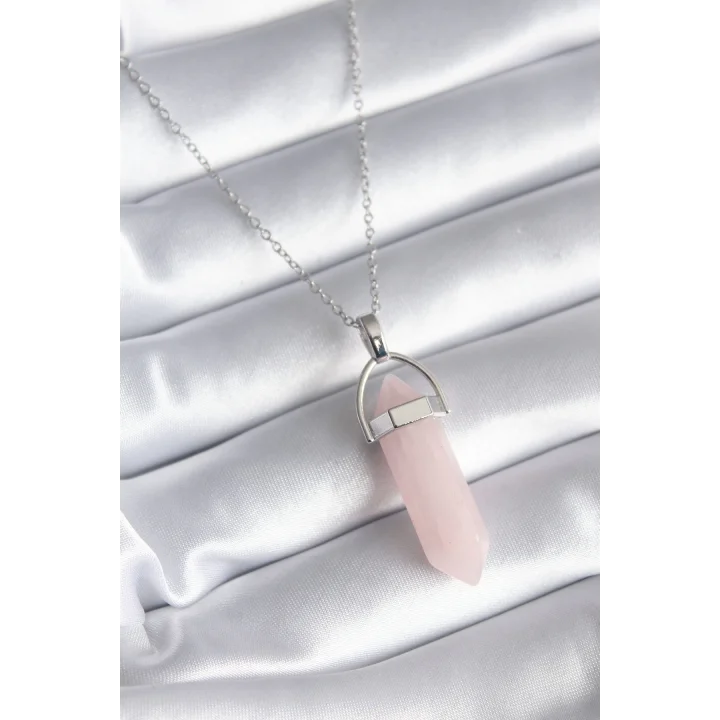 Mey İthalat® 316L Çelik Gümüş Renk Pembe Taşlı Kadın Kolye