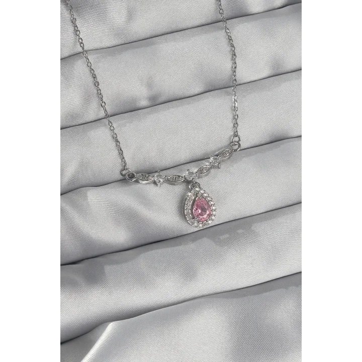 Mey İthalat® 316L Çelik Gümüş Renk Pembe Zirkon Taşlı Damla Kolye