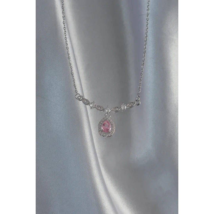 Mey İthalat® 316L Çelik Gümüş Renk Pembe Zirkon Taşlı Damla Kolye