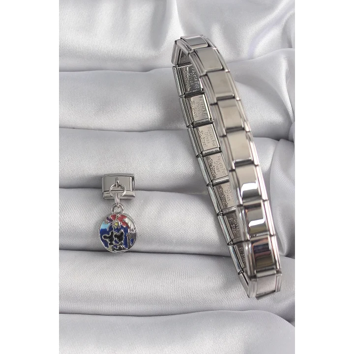 Mey İthalat® 316L Çelik Gümüş Renk Sallantı Dünya Model Nomination Charm