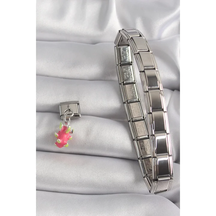 Mey İthalat® 316L Çelik Gümüş Renk Sallantı Ejder Meyvesi Model Nomination Charm