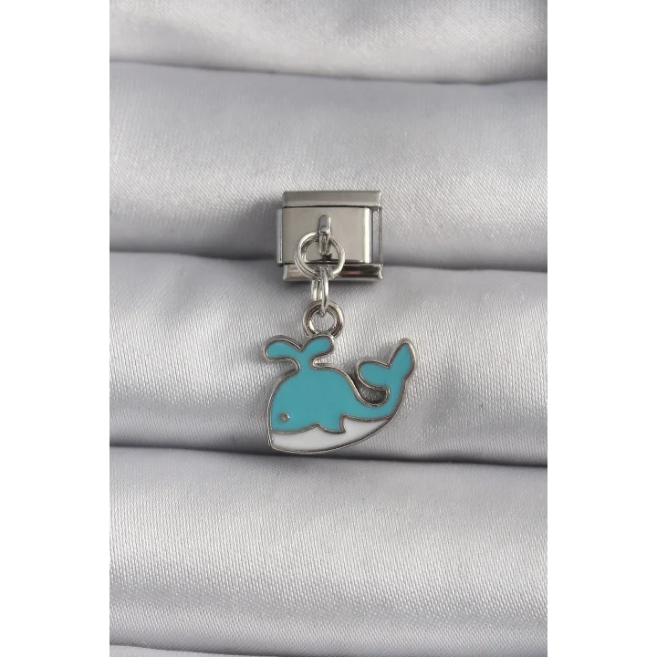 Mey İthalat® 316L Çelik Gümüş Renk Sallantı Mavi Balina Model Nomination Charm