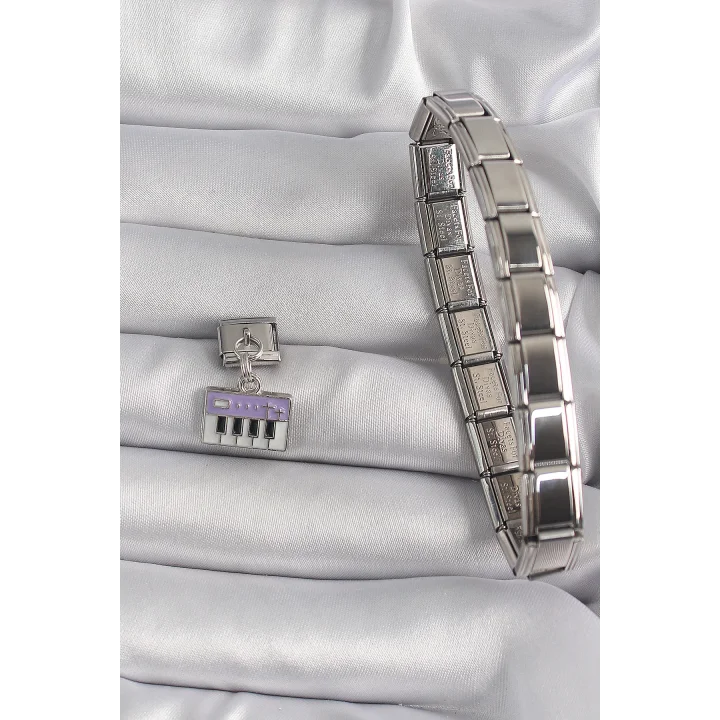 Mey İthalat® 316L Çelik Gümüş Renk Sallantı Mor Piyano Figür Nomination Charm