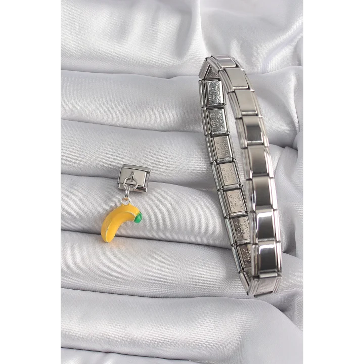 Mey İthalat® 316L Çelik Gümüş Renk Sallantı Muz Model Nomination Charm