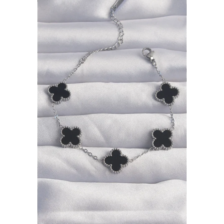 Mey İthalat® 316L Çelik Gümüş Renk Siyah Mineli Yonca Bileklik