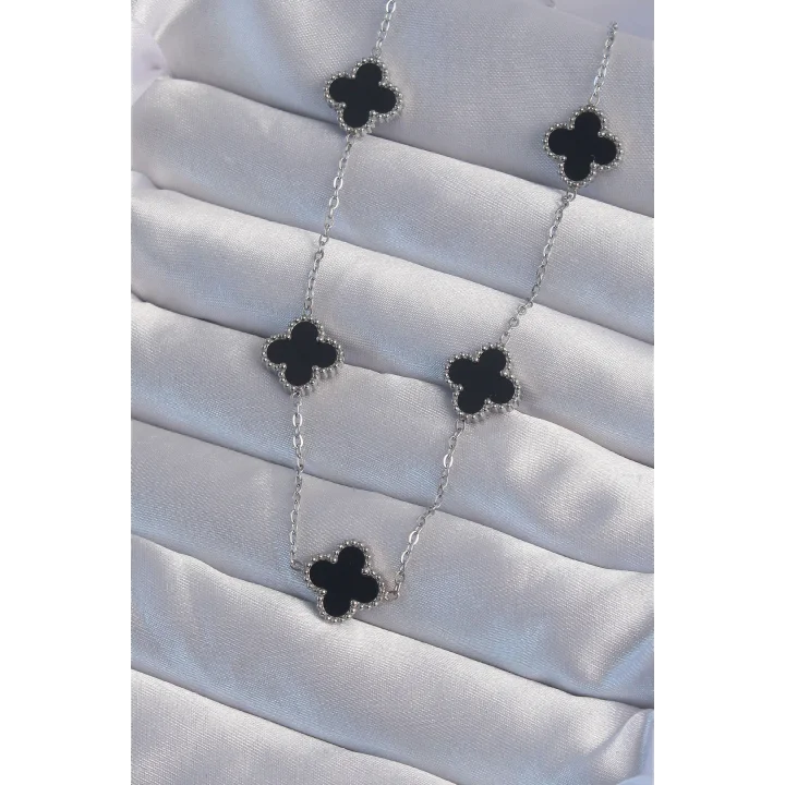 Mey İthalat® 316L Çelik Gümüş Renk Siyah Mineli Yonca Kolye