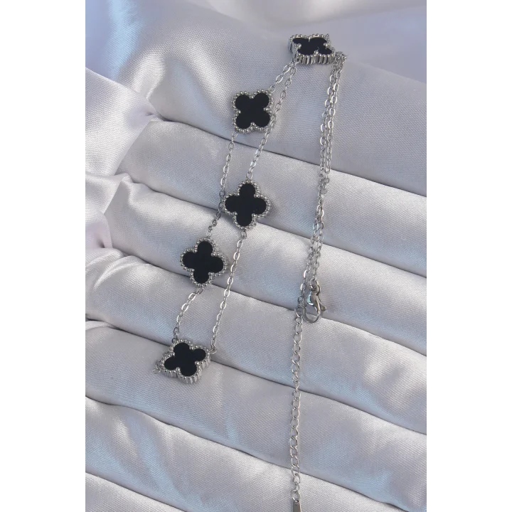 Mey İthalat® 316L Çelik Gümüş Renk Siyah Mineli Yonca Kolye