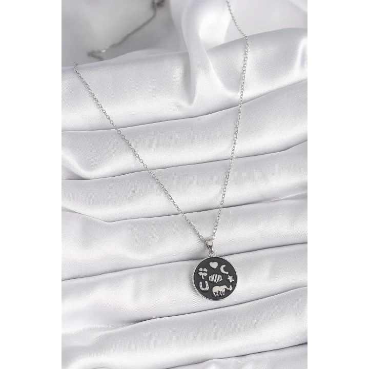 Mey İthalat® 316L Çelik Gümüş Renk Siyah Renk Şans Kolyesi