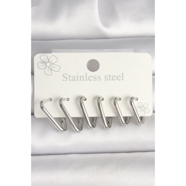 Mey İthalat® 316L Çelik Gümüş Renk Üçgen Model Kadın Küpe Seti