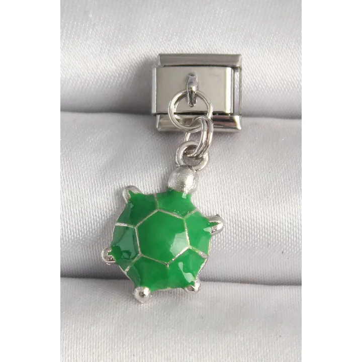 Mey İthalat® 316L Çelik Gümüş Renk Yeşil Kaplumbağa Model Nomination Charm