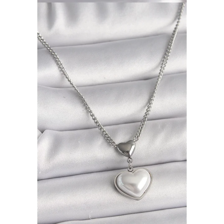 Mey İthalat® 316L Çelik Gümüş Renk Zincir 3D Kalp Model Kadın Kolye