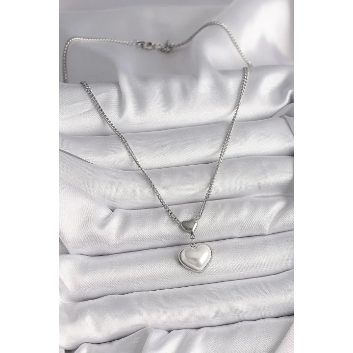 Mey İthalat® 316L Çelik Gümüş Renk Zincir 3D Kalp Model Kadın Kolye