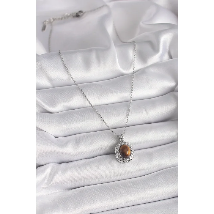 Mey İthalat® 316L Çelik Gümüş Renk Zincir Kehribar Boncuk Model Kadın Kolye