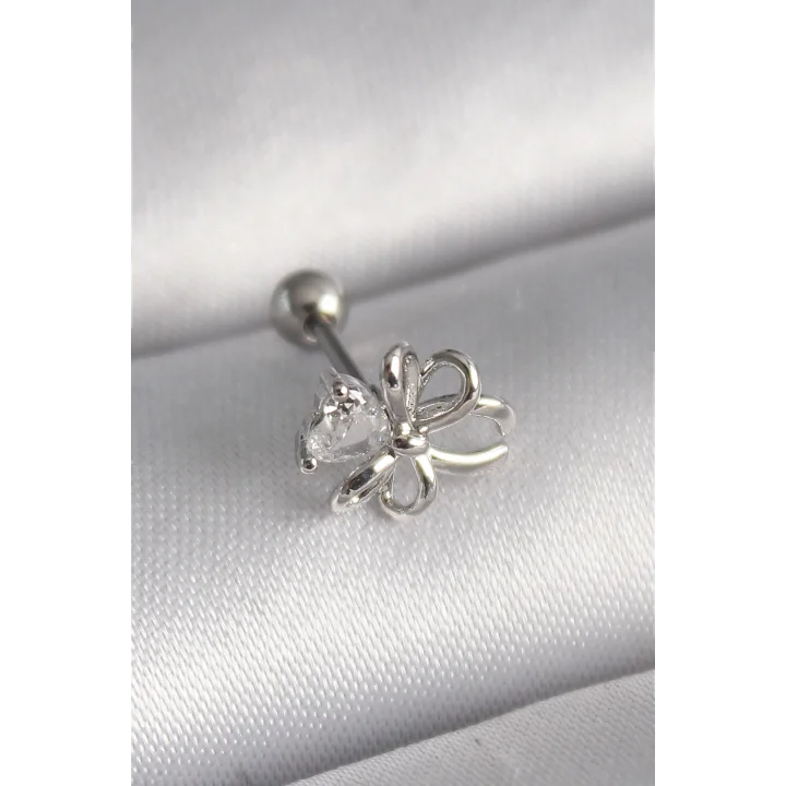 Mey İthalat® 316L Çelik Gümüş Renk Zirkon Taş Detay Kurdele Model Tragus Piercing