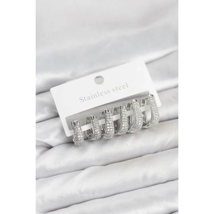 Mey İthalat® 316L Çelik Gümüş Renk Zirkon Taşlı Damla Halka Küpe Seti