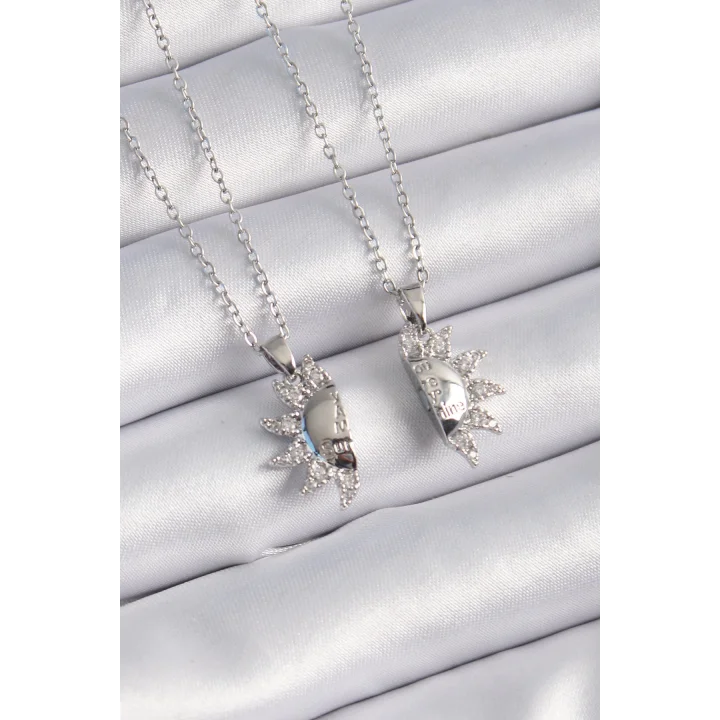 Mey İthalat® 316L Çelik Gümüş Renk Zirkon Taşlı Güneş Model İşleme Yazı Detay Arkadaşlık Kolyesi