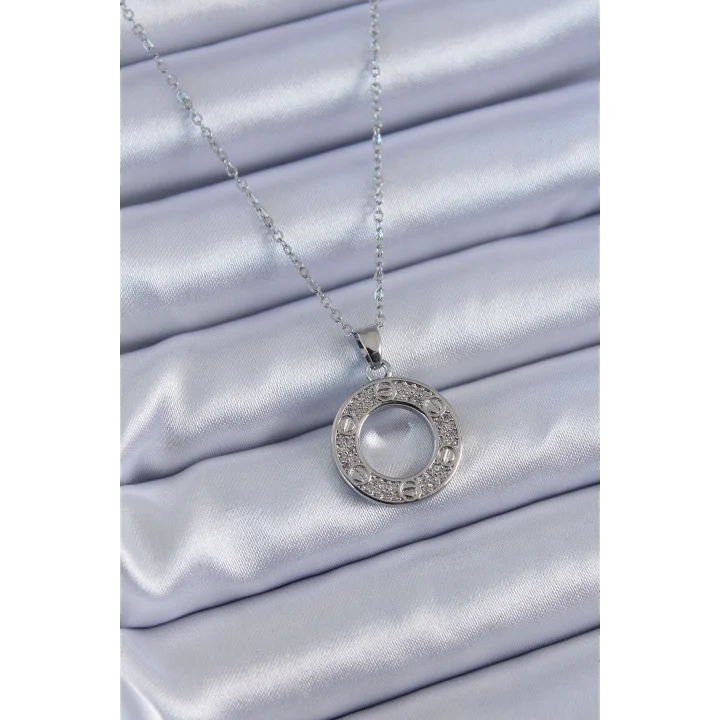 Mey İthalat® 316L Çelik Gümüş Renk Zirkon Taşlı Model Kadın Kolye