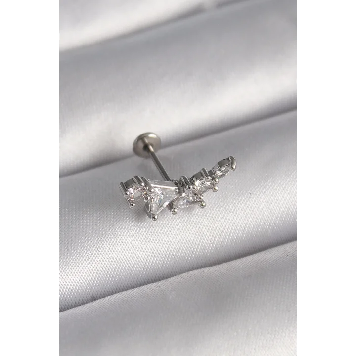 Mey İthalat® 316L Çelik Gümüş Renk Zirkon Taşlı Tragus Piercing