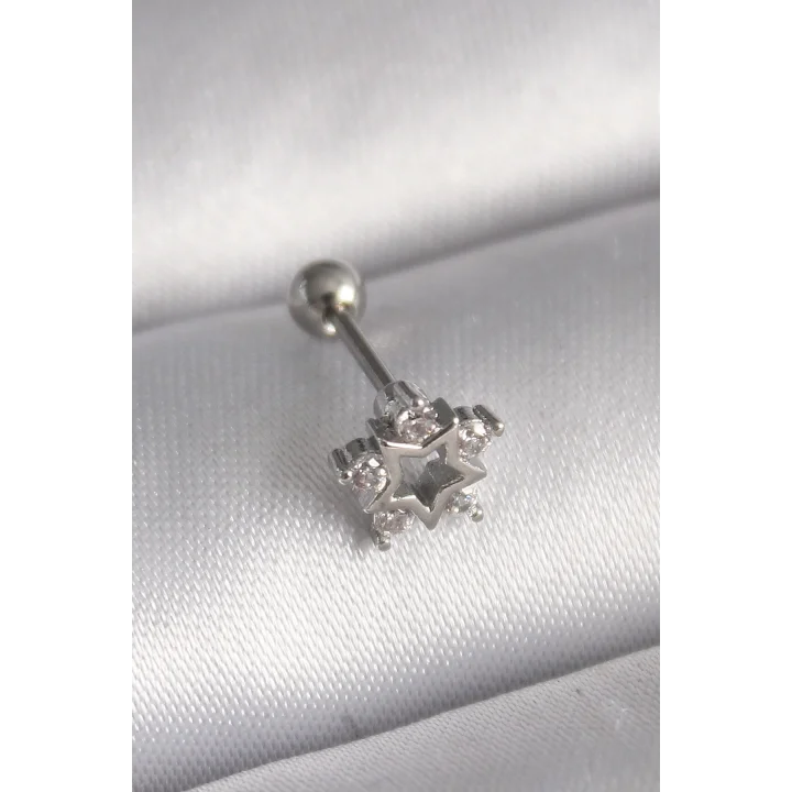 Mey İthalat® 316L Çelik Gümüş Renk Zirkon Taşlı Yıldız Model Tragus Piercing