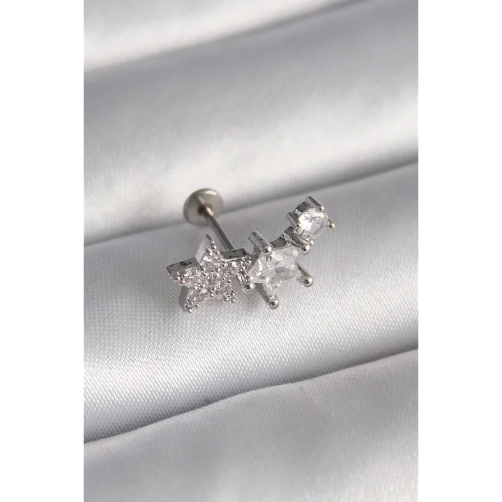 Mey İthalat® 316L Çelik Gümüş Renk Zirkon Taşlı Yıldız Model Tragus Piercing